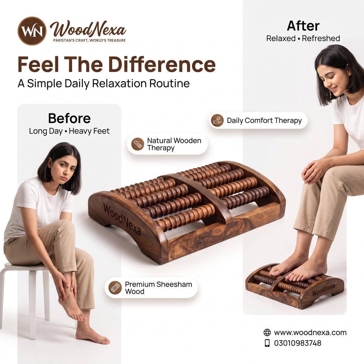 WoodNexa Premium Wooden Foot Massager Roller | Natural Sheesham Wood Stress & Pain Relief Reflexology Massager for Plantar Fasciitis, Heel, and Foot Arch Pain