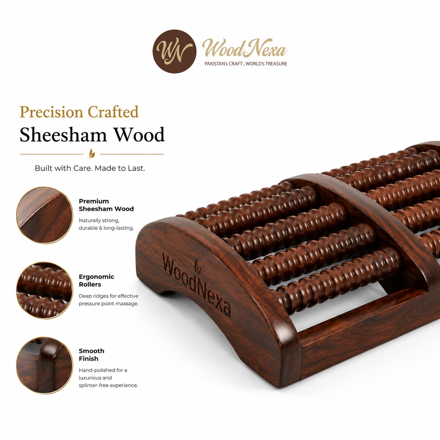 WoodNexa Premium Wooden Foot Massager Roller | Natural Sheesham Wood Stress & Pain Relief Reflexology Massager for Plantar Fasciitis, Heel, and Foot Arch Pain