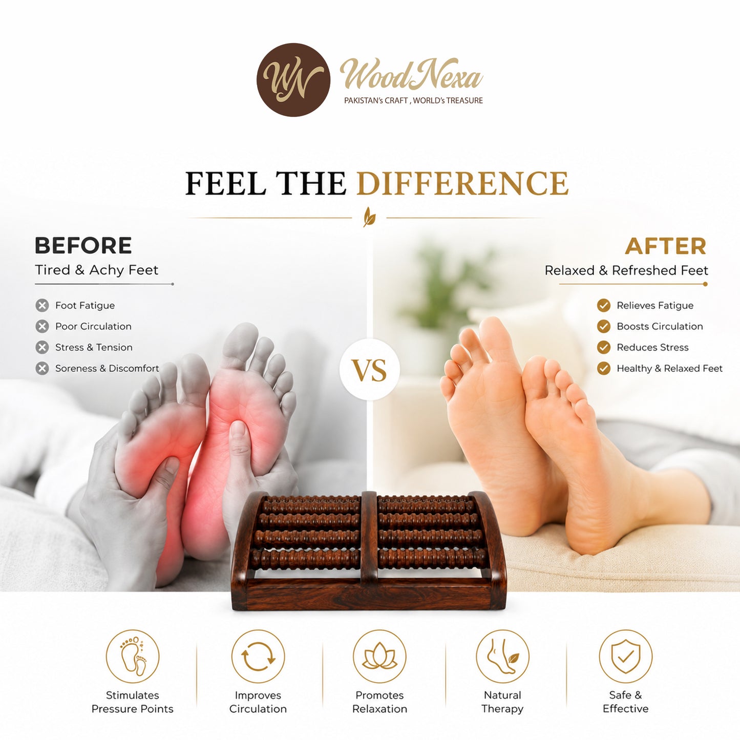 WoodNexa Premium Wooden Foot Massager Roller | Natural Sheesham Wood Stress & Pain Relief Reflexology Massager for Plantar Fasciitis, Heel, and Foot Arch Pain