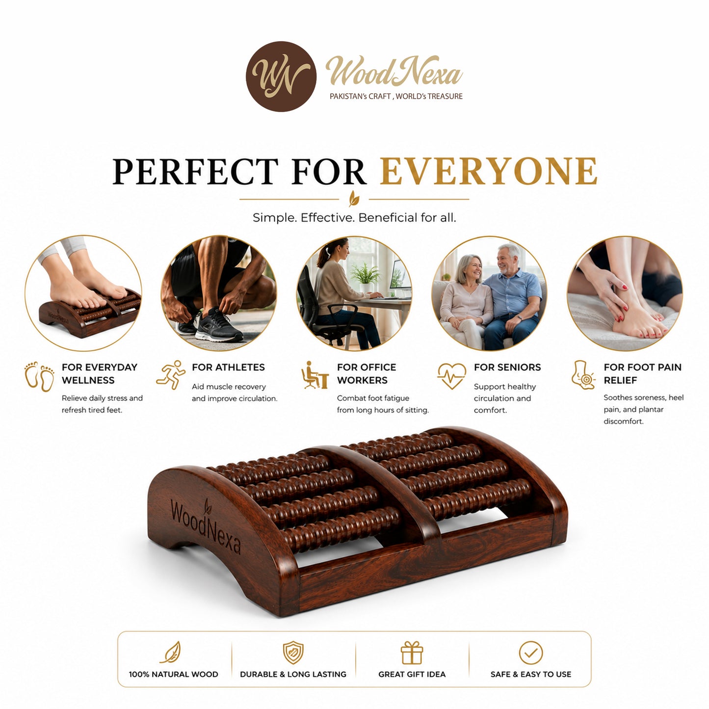 WoodNexa Premium Wooden Foot Massager Roller | Natural Sheesham Wood Stress & Pain Relief Reflexology Massager for Plantar Fasciitis, Heel, and Foot Arch Pain